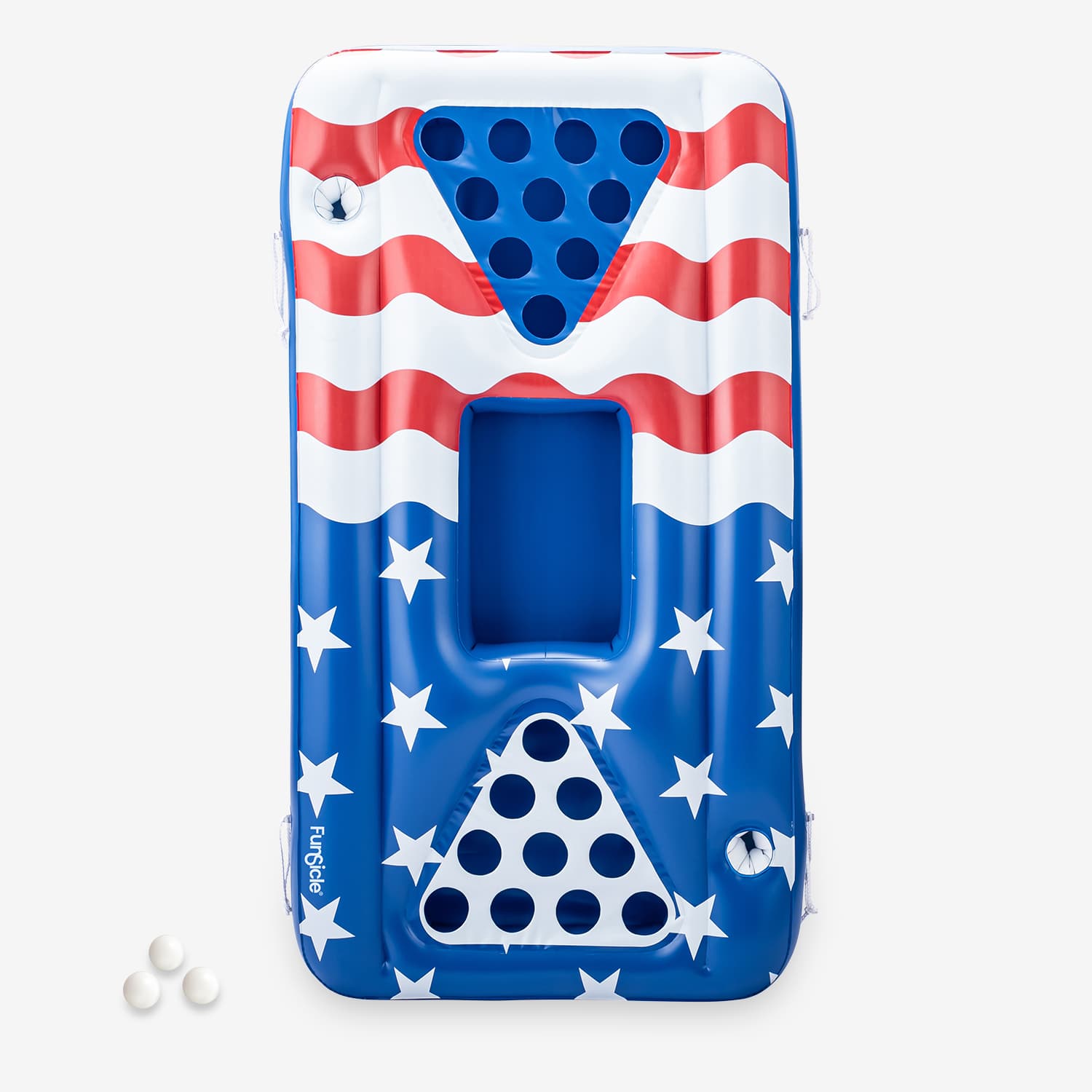 Inflatable pool pong with American flag design on a white background