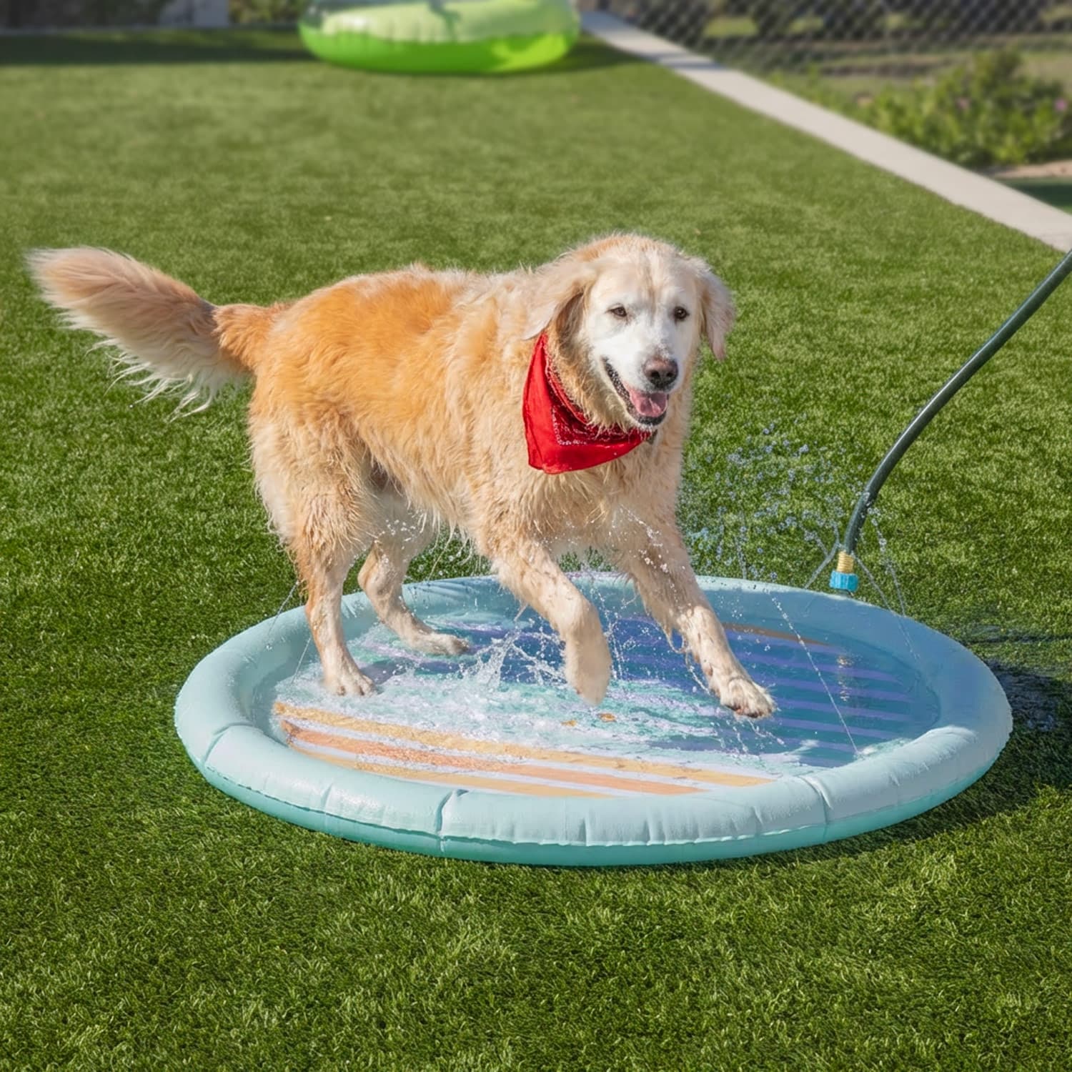 Dog playing on a inflatable water pad in a grassy area