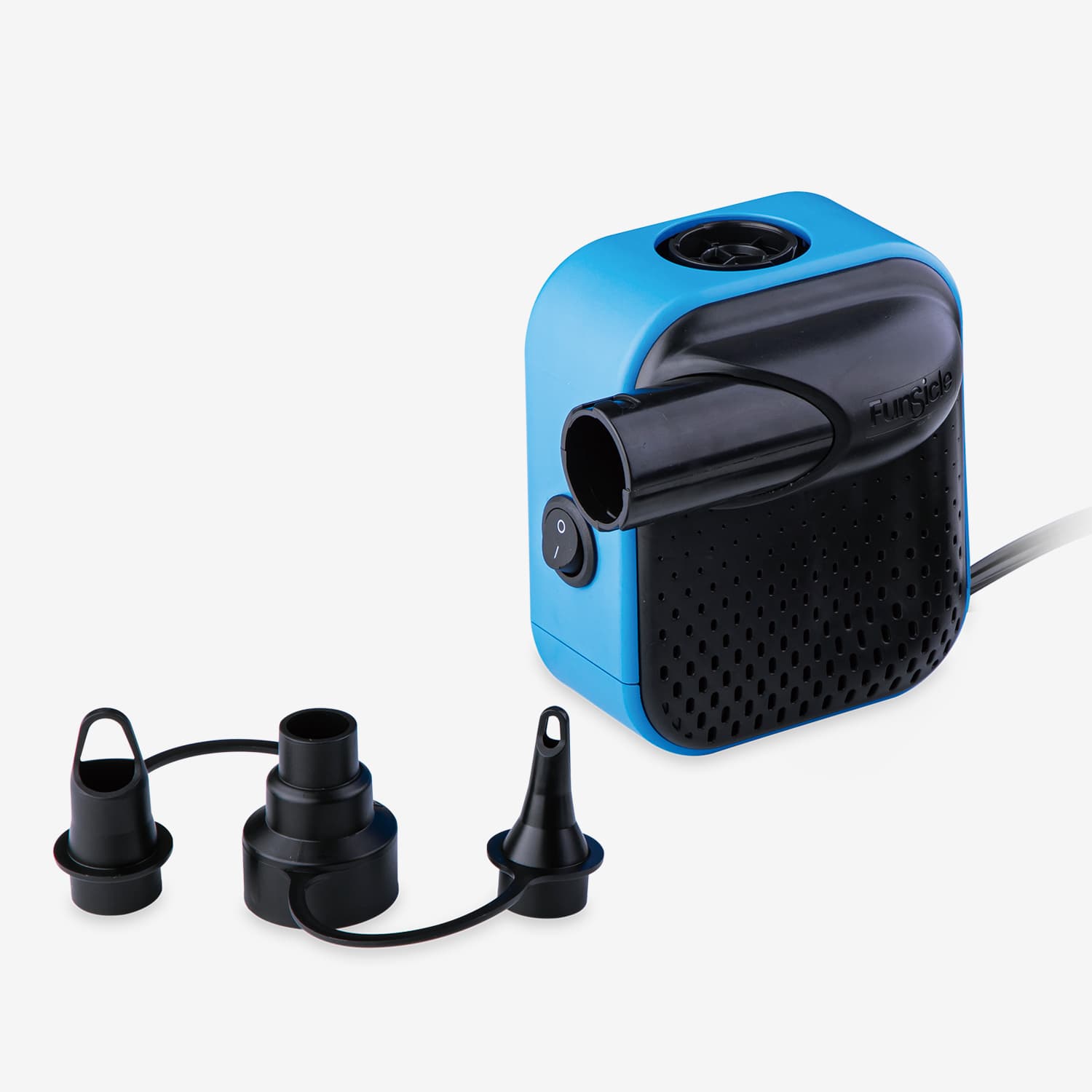 Blue and black air pump with attachments on a white background