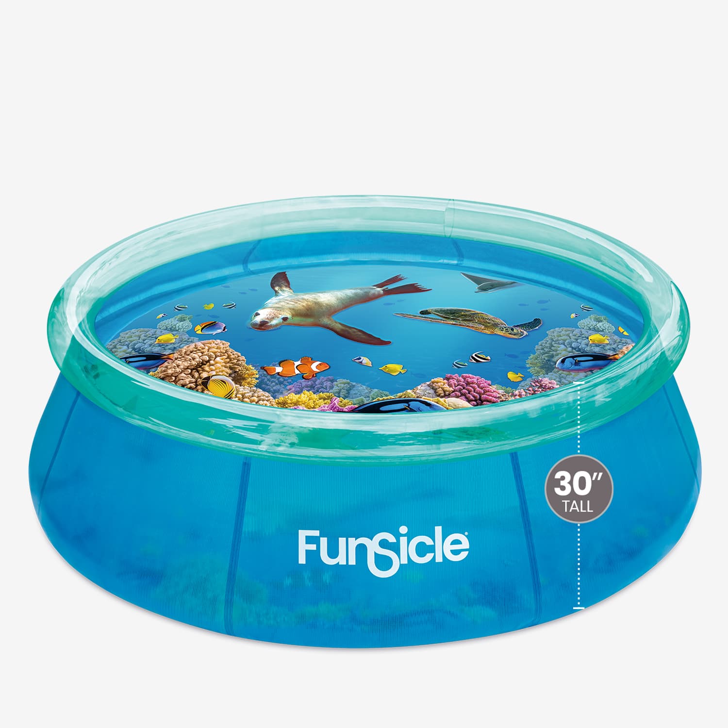 Inflatable pool with ocean-themed design and 'Funsicle' branding on a white background