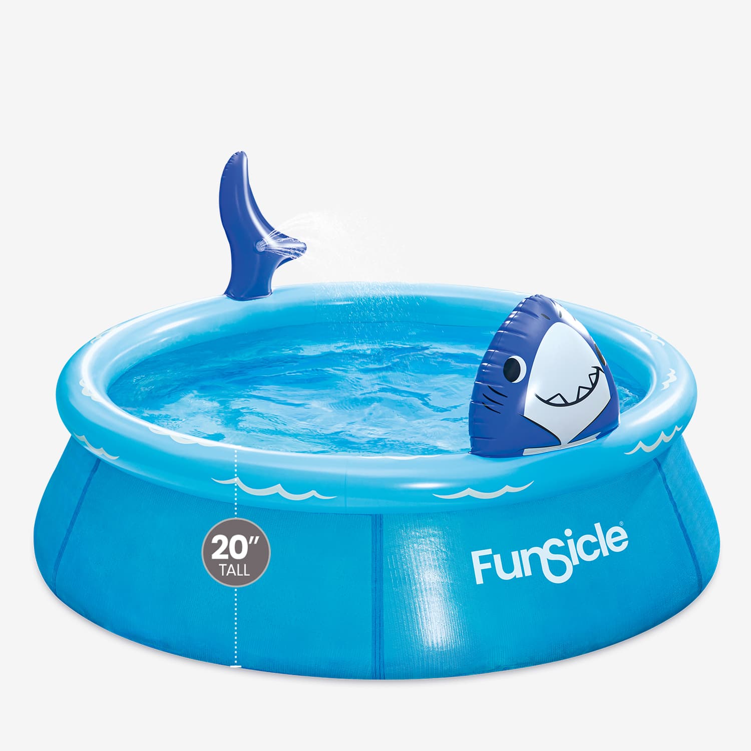 Inflatable pool with shark design on a white background