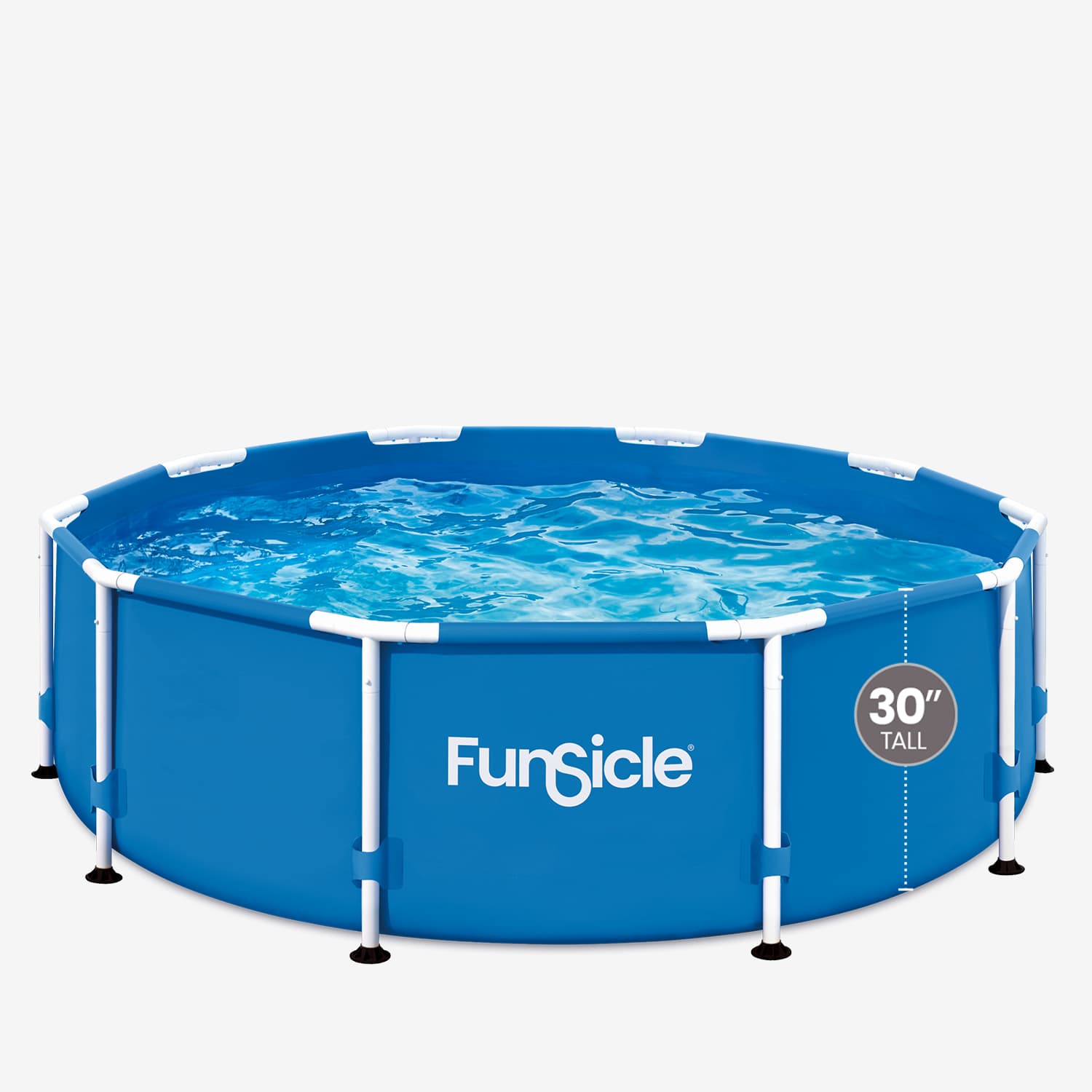 Blue frame pool with white frame and 'Funsicle' branding on a light gray background