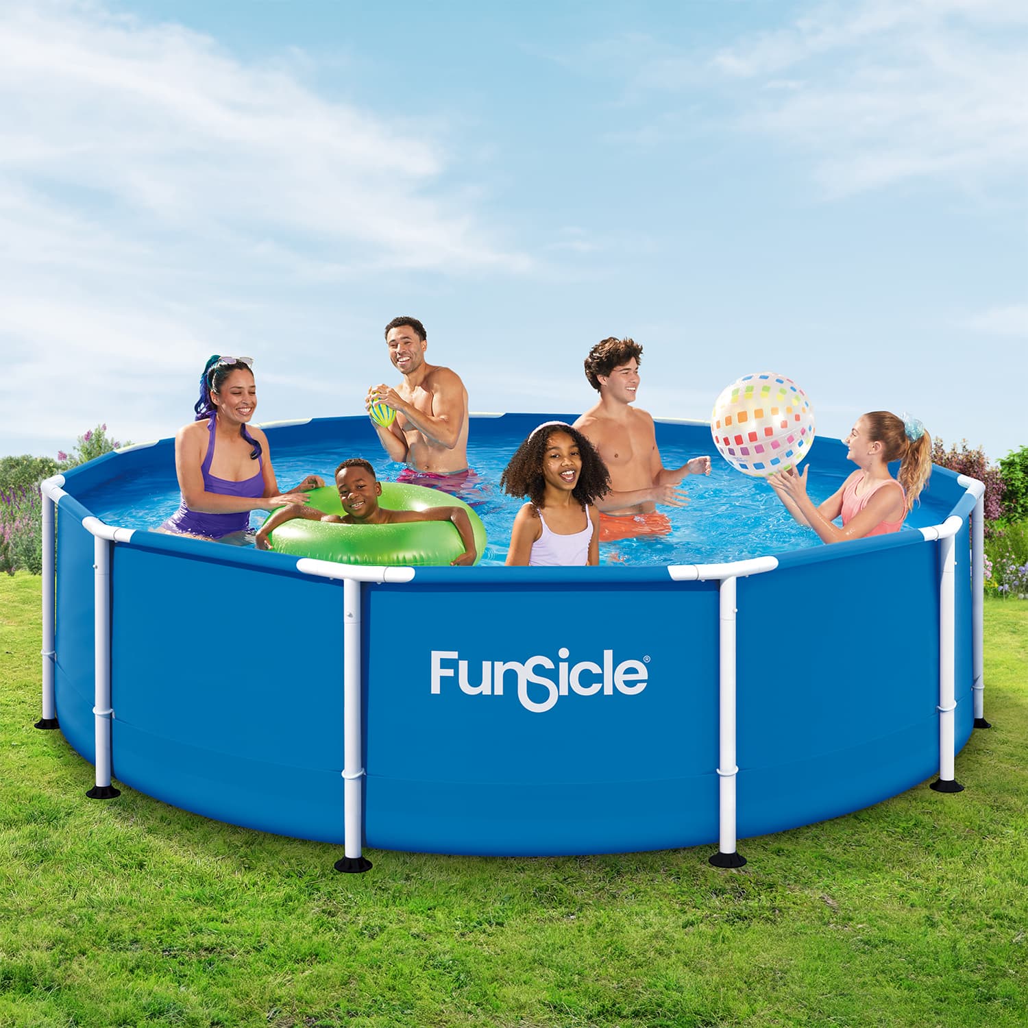 Children playing in a FunSicle blue frame pool on a grassy area with a blue sky.