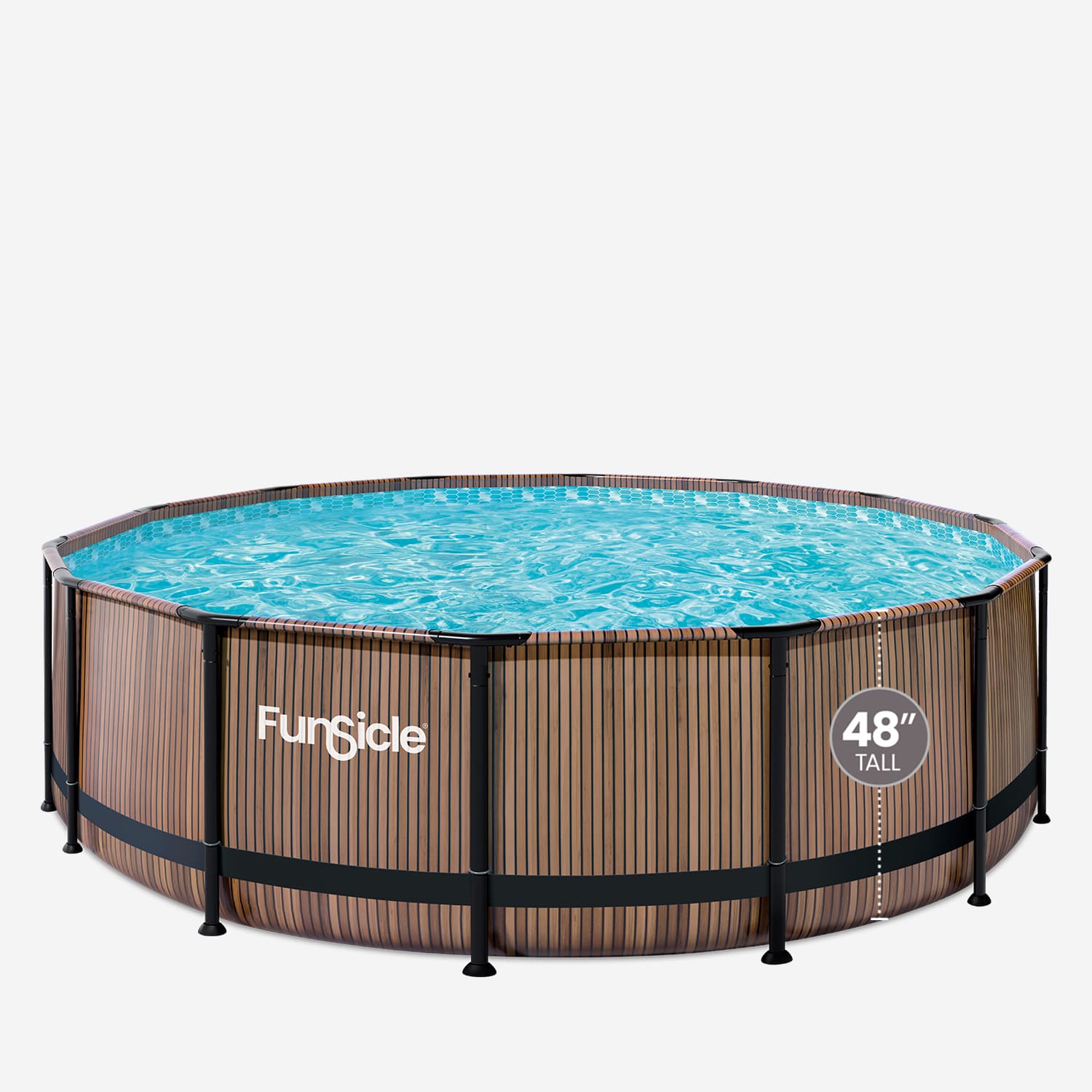 Funsicle above-ground pool with wooden design on a white background