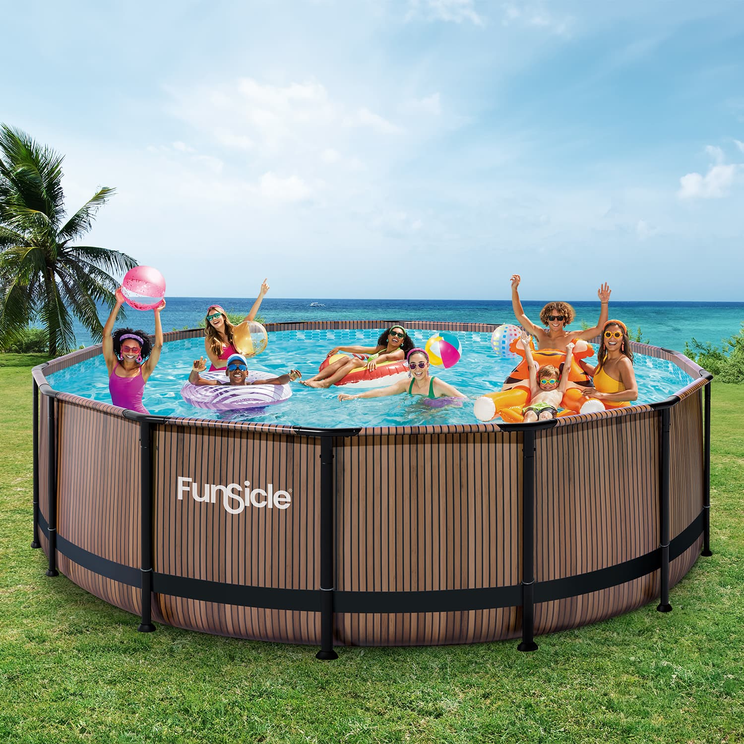 Funsicle above-ground pool with children playing in a grassy area by the ocean.