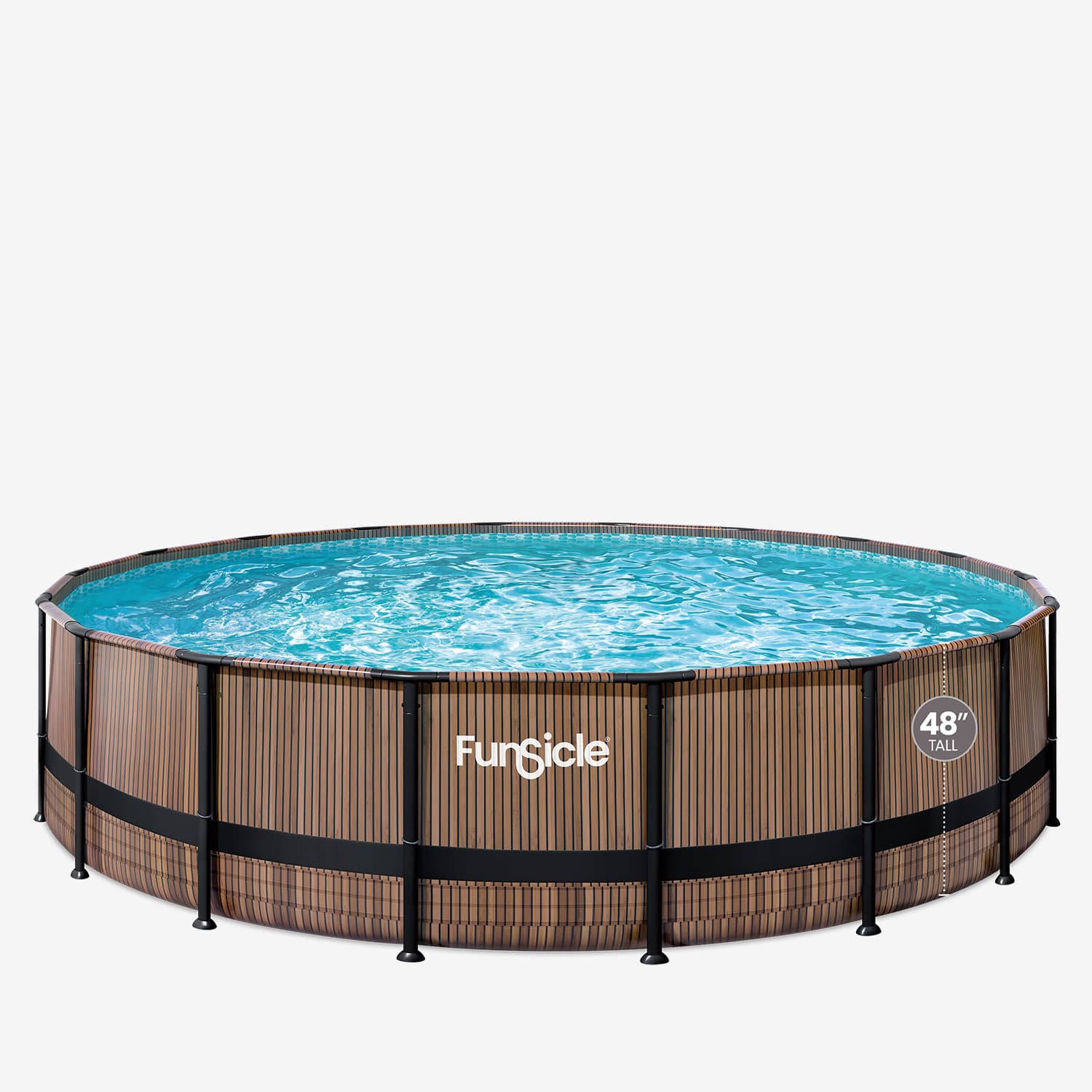 Funsicle above-ground pool with wooden-like exterior on a white background