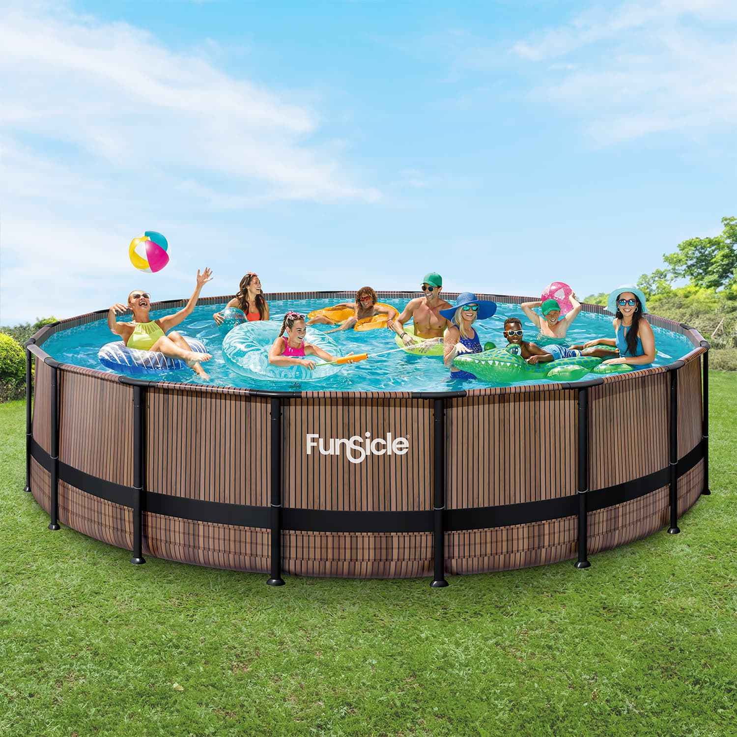 Children playing in a Funsicle above-ground pool on a grassy area with a clear sky.