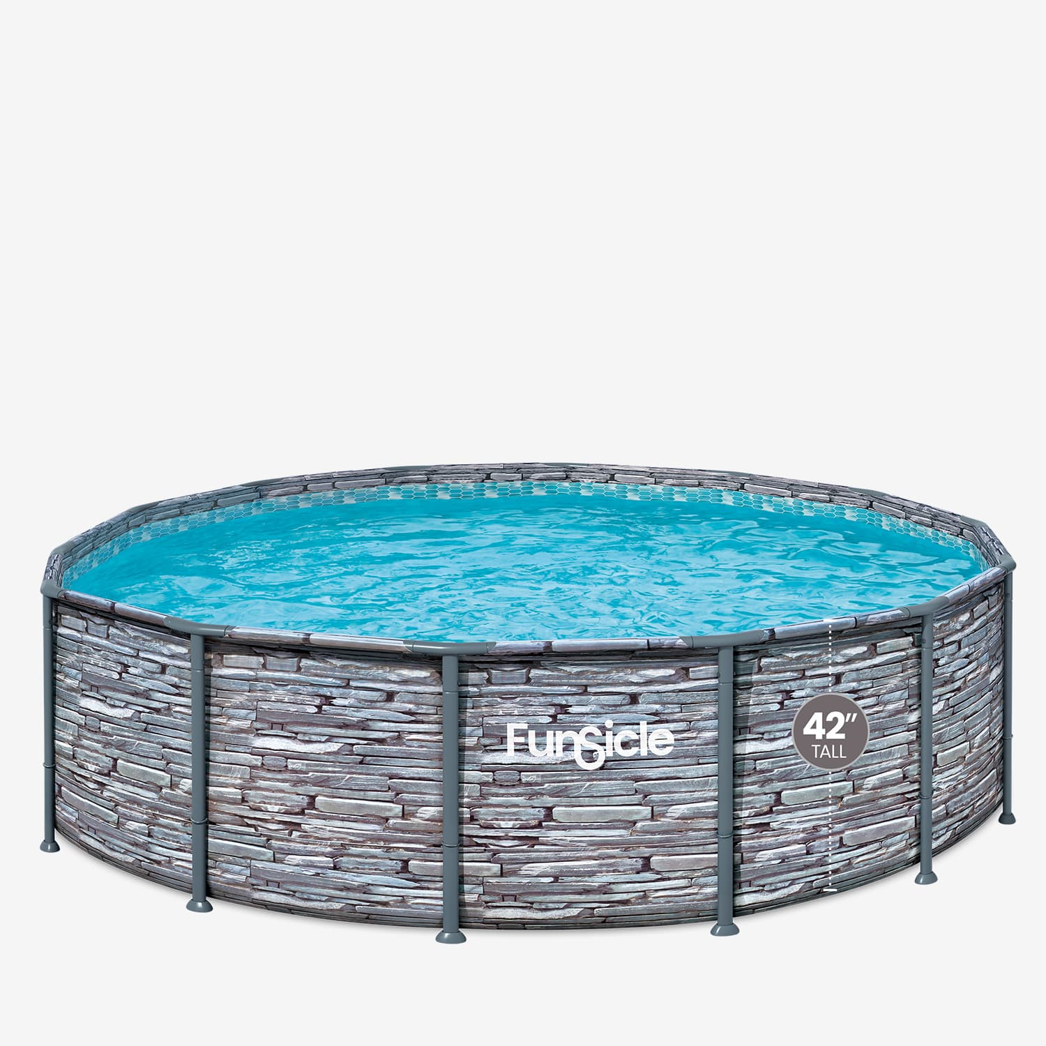 Round above-ground pool with stone-like design and blue water on a white background