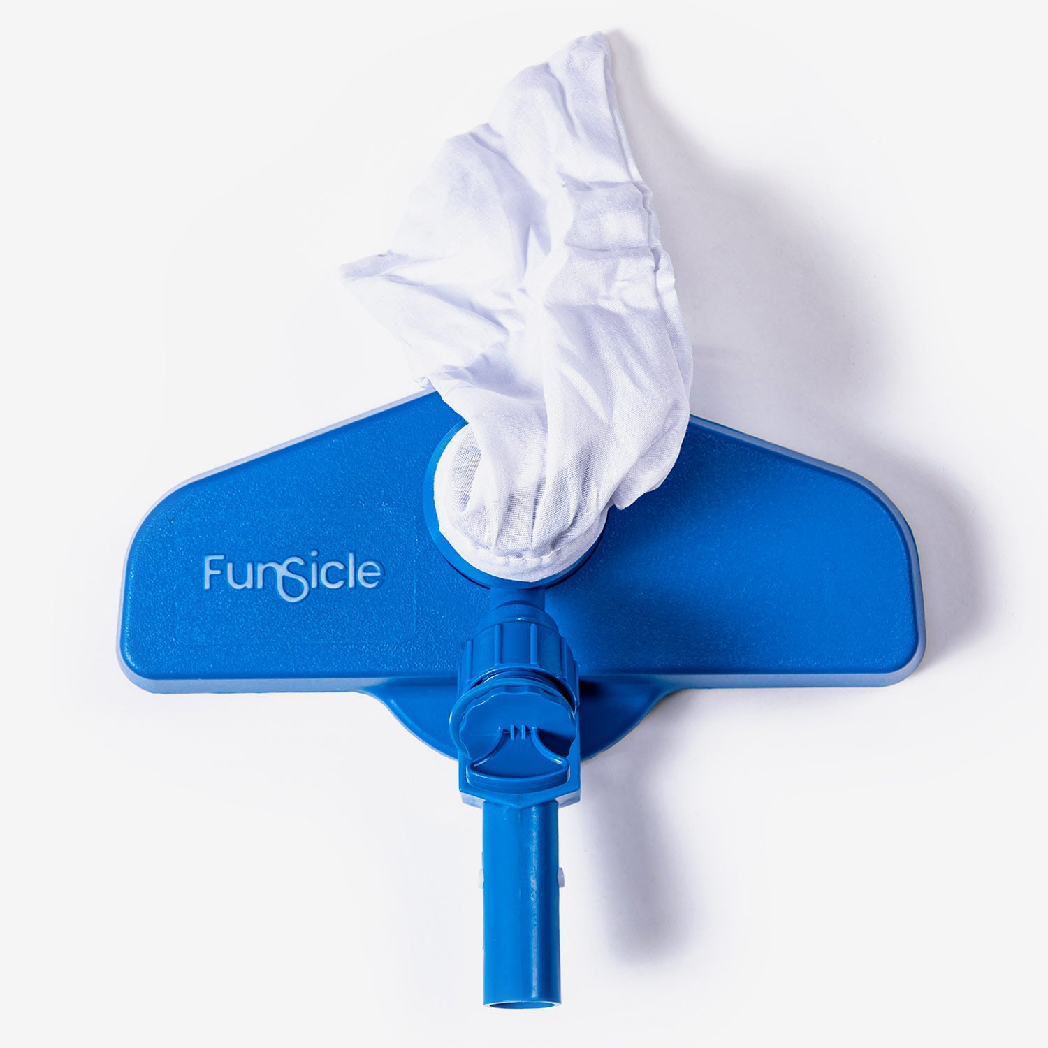 Blue pool skimmer with white net on a white background