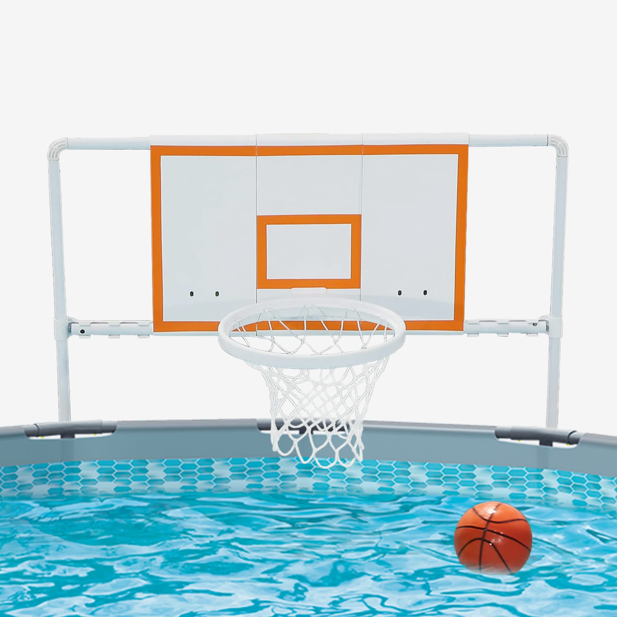 Poolside basketball hoop with a ball in a pool