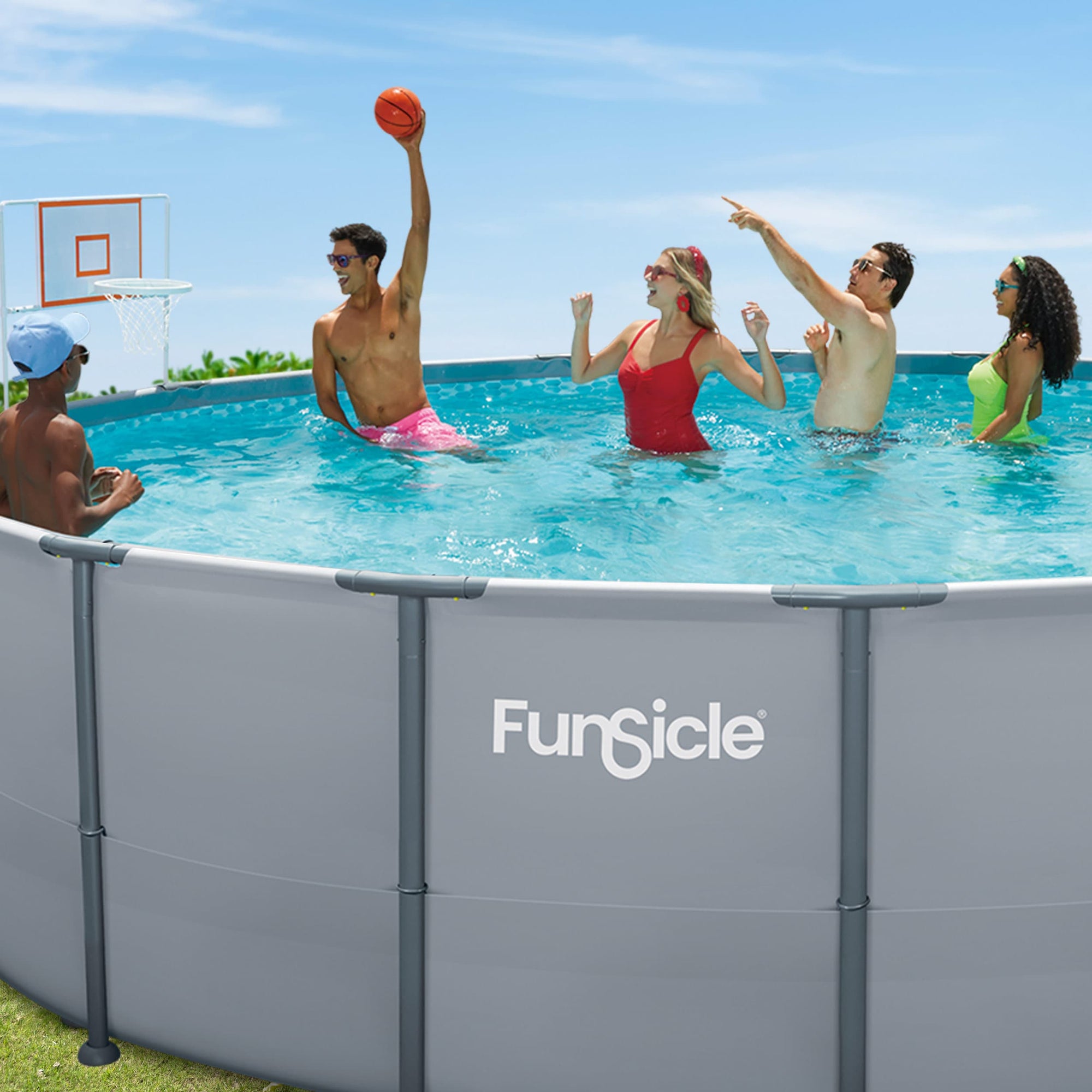 People playing basketball in an above-ground pool with Funsicle branding.