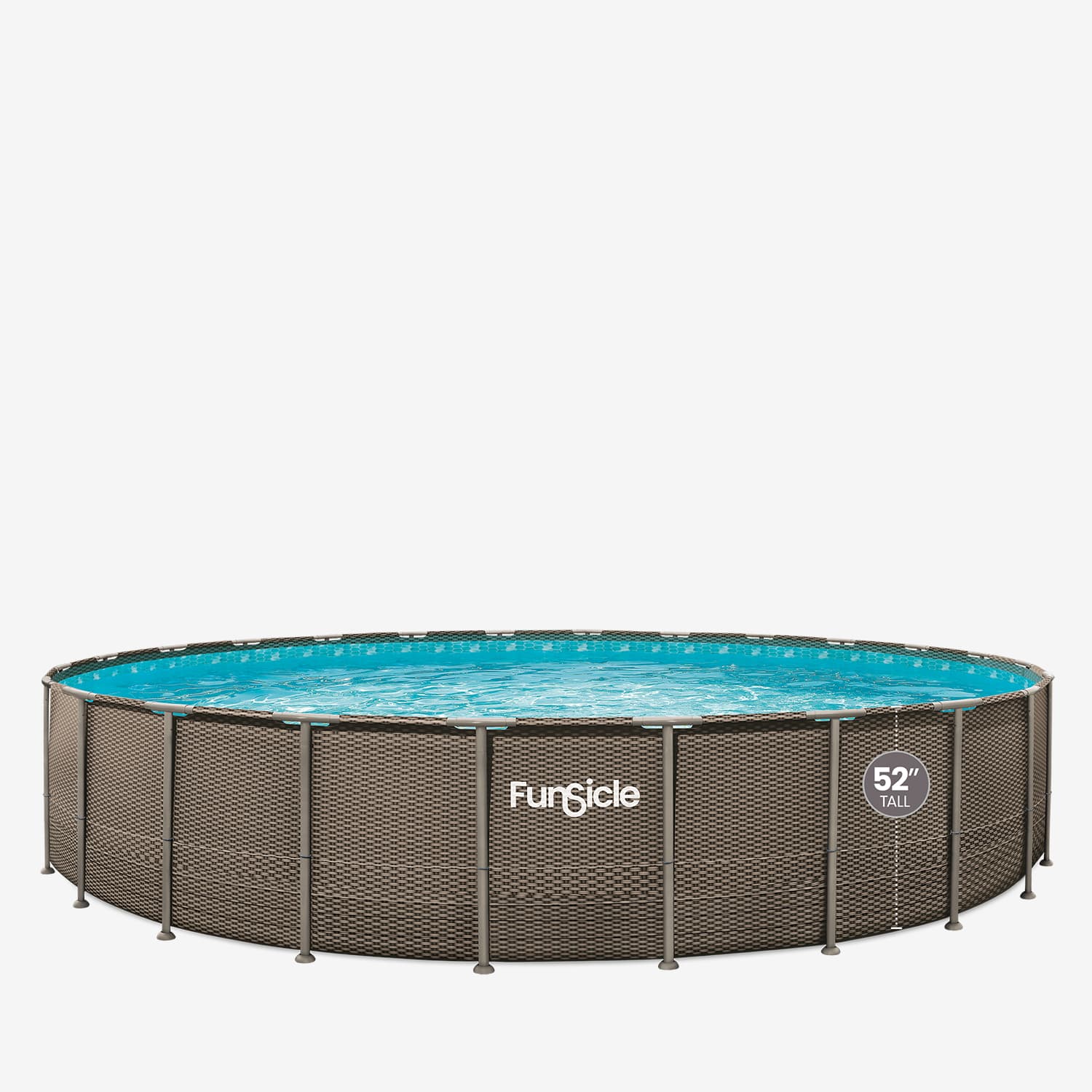 Round above-ground pool with metal frame and blue water on a white background