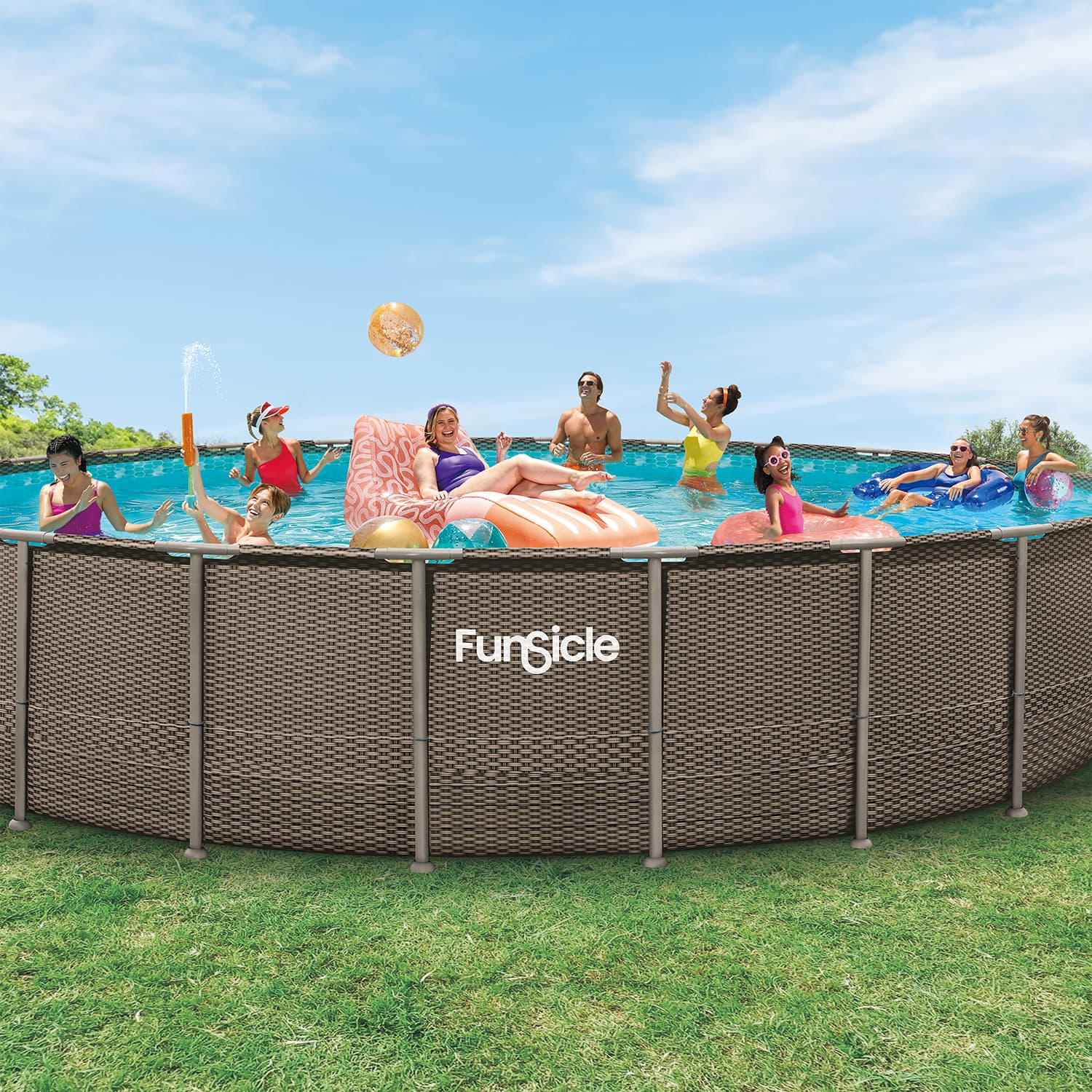 People enjoying a pool party with a Funsicle branded pool.