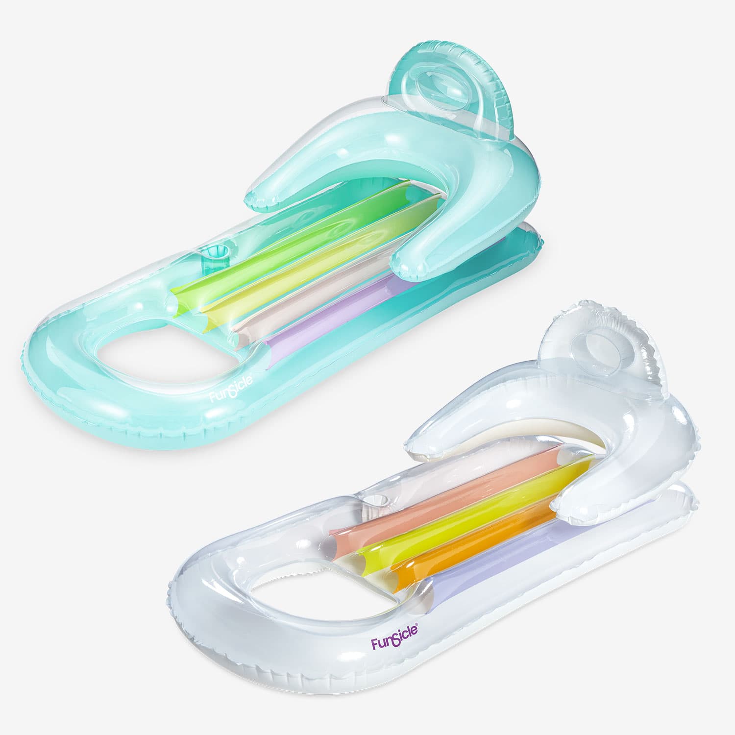 Funsicle Relaxing Lounge multi-pack featuring colorful inflatable loungers for pool and beach relaxation.