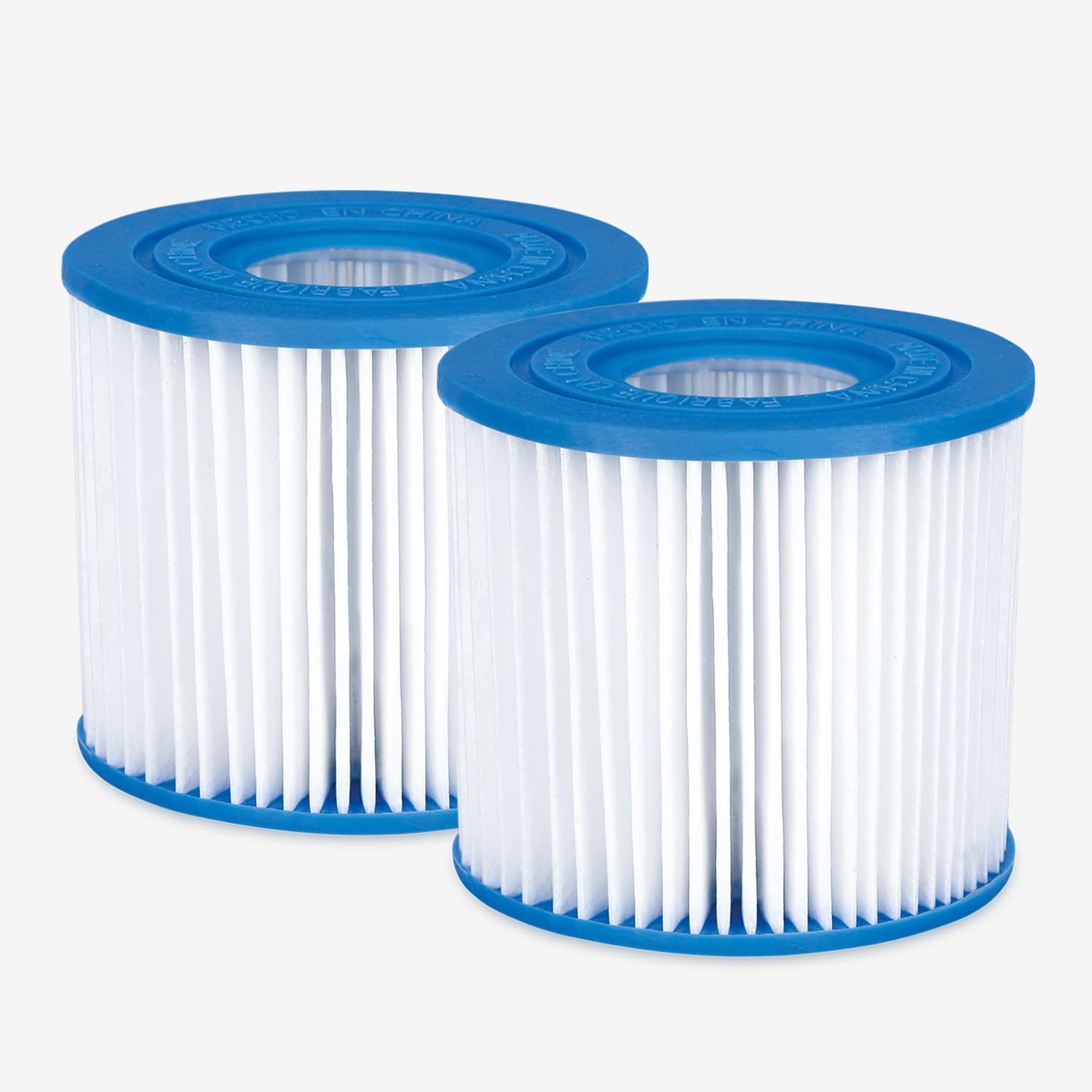 Two Type D filter cartridges with blue tops on a white background