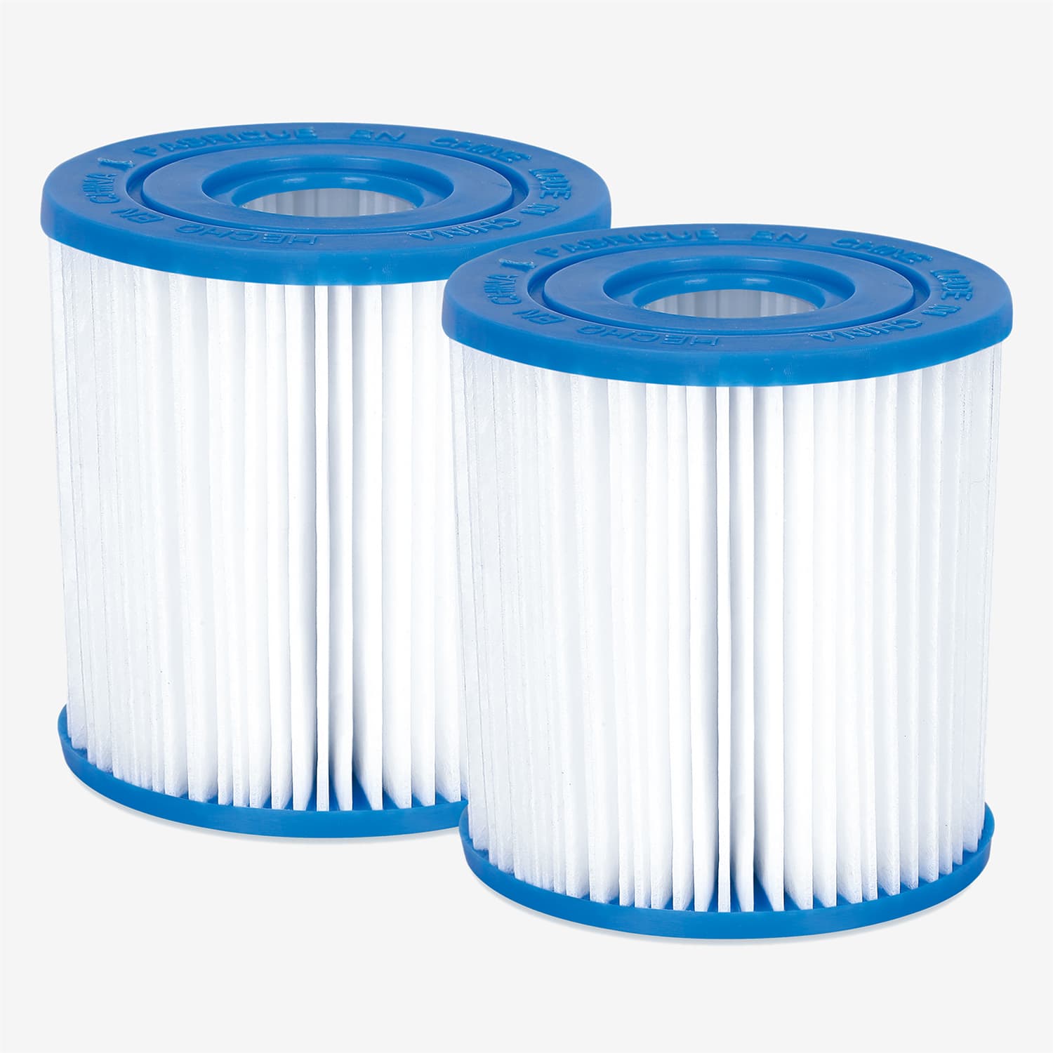 Two white filter cartridges with blue ends on a white background